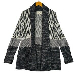 Lucky Brand Open Front Cardigan XL Black Cream Geometric Wool Blend Southwest